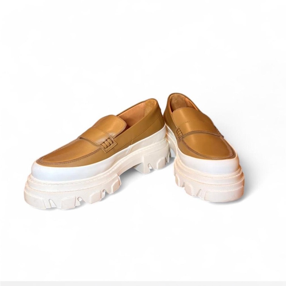 GANNI Leather Platform Loafers Camel Tan